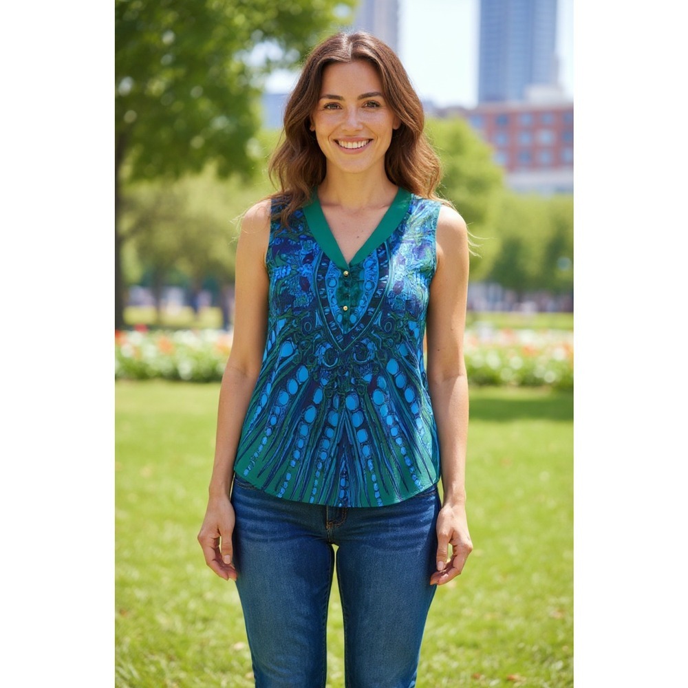 Elie Tahari Blouse Women's XS Sleeveless Scarf-Print Teal Blue Green Baroque